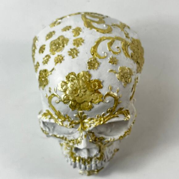 White & Gold 6" Decorative Skull Floral Scrollwork Halloween Apothecary Holiday - Picture 5 of 10